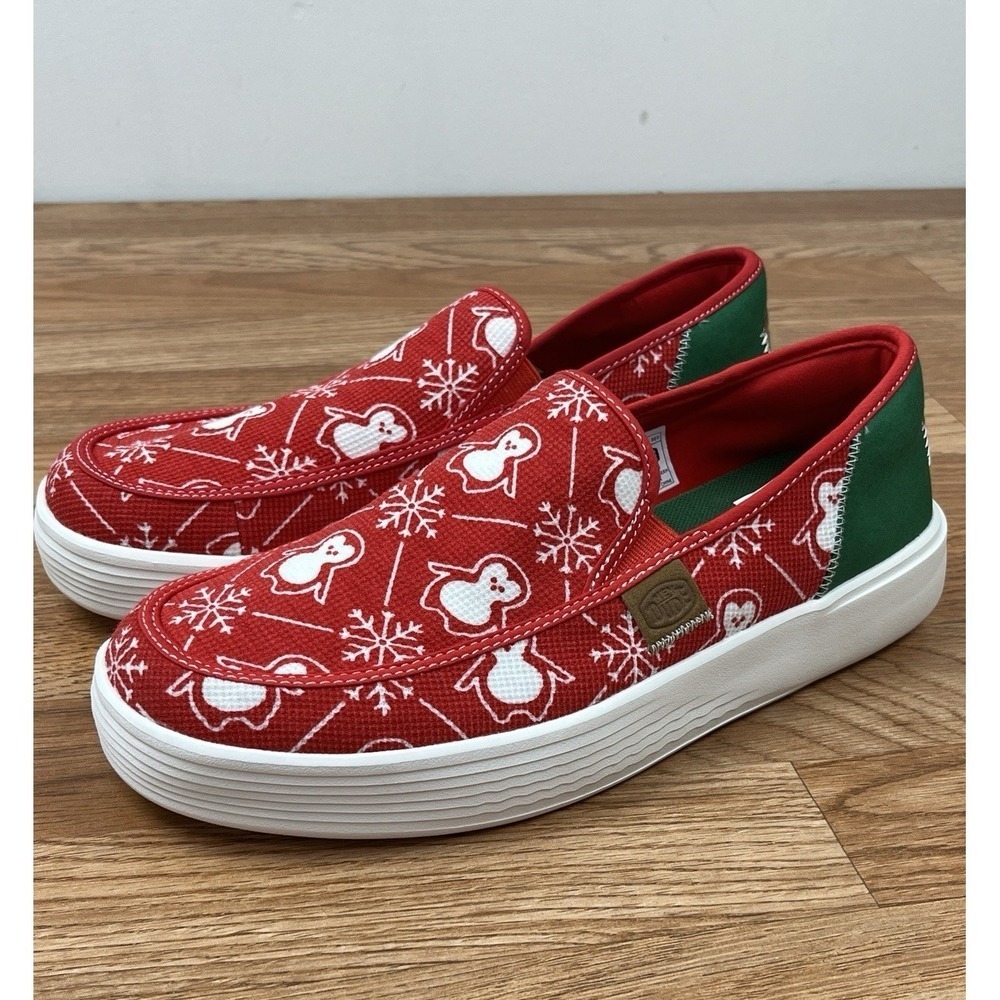 Hey Dude Men's Sunapee Penguins Red Green Slip-on Shoes Size 10‎ Christmas NEW